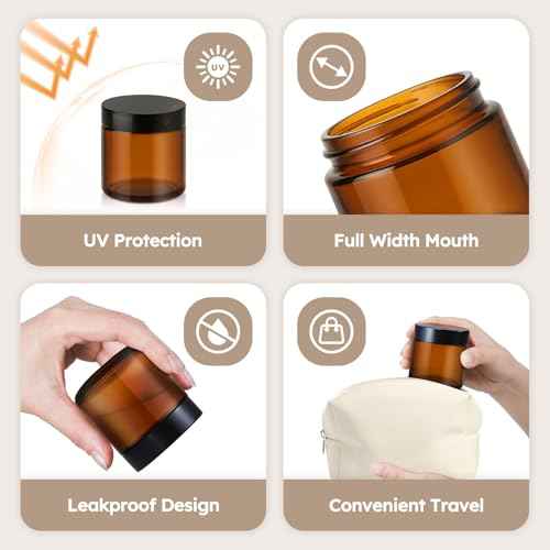 4 oz Glass Jars with Lids, 4 Pack Amber Glass Jars with Black Lids Leakproof Round Airtight Empty Cosmetic Travel Containers with Inner Liners For Lotions Powders and Candle Making