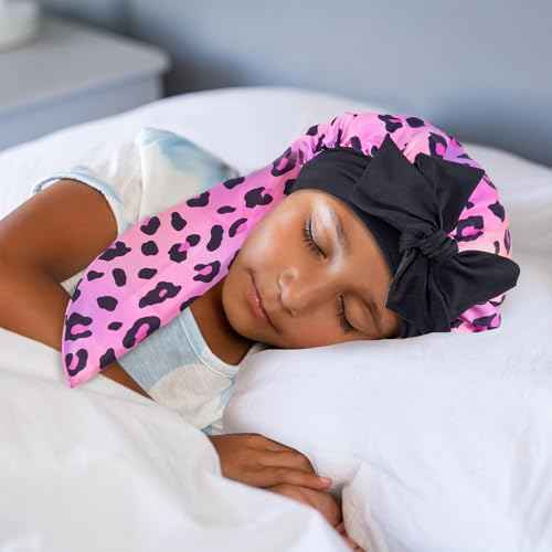 Lolalet Kids Bonnets for Girls, Long Silk Bonnet for Sleeping Kids Satin Bonnet Cap with Tie Band (F -1 Pc, Leopard)