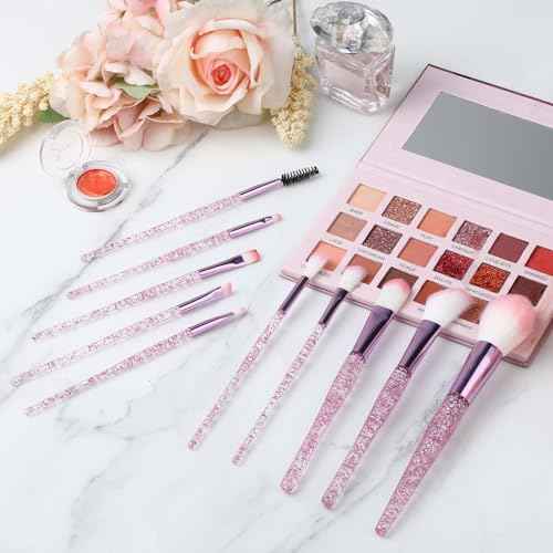 10 PCS Glitter Crystal Makeup Brush Set Cute Makeup Brushes Bling Professional Concealer Eye Shadow Eyeliner Blush Lip Blending Synthetic Brushes Tools Kit Face Cosmetics Blending Brushes for Women