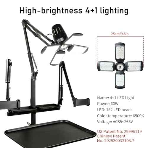 GBK Tattoo Workstation Multi-Functional Tattoo Rolling Tray with LED Light, Pigment Rack, Tablet Stand and Pneumatic Lifting Type with Universal Wheels Tattoo Equipment