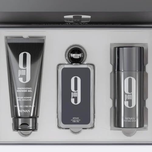 Afnan 9 Pm 3 Piece Set for Men, (3.4 Oz De Parfum Eau De Parfum Spray + 5.0 Oz Shower Gel + 5.0 Oz Perfume Deodorant)
