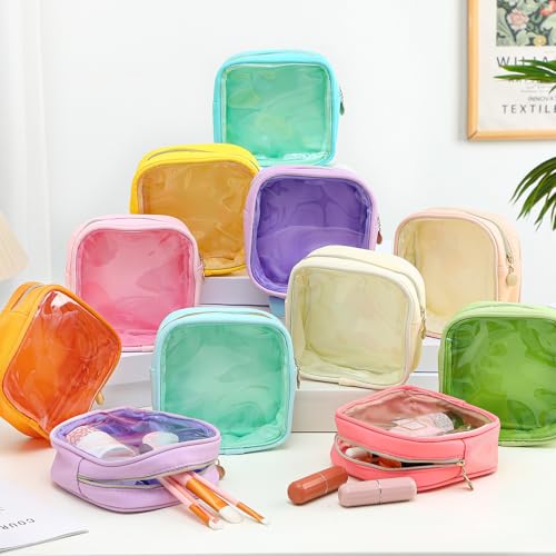 Kacctyen 20 Pcs Mini Clear Makeup Bags Bulk Nylon Cosmetic Bags for Purse PVC Small Clear Square Pouch with Zipper Blank Coin Purses for Women Travel Toiletry Essentials, 10 Colors