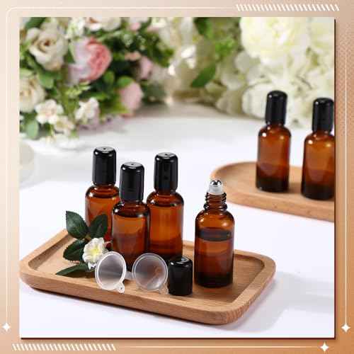 Sumind 12 Pcs 30ml Roller Glass Bottle Essential Oil with Stainless Steel Refillable Sample Container Brown Empty Roller Bottle Applicator with Funnel Sticker for Travel(Amber)