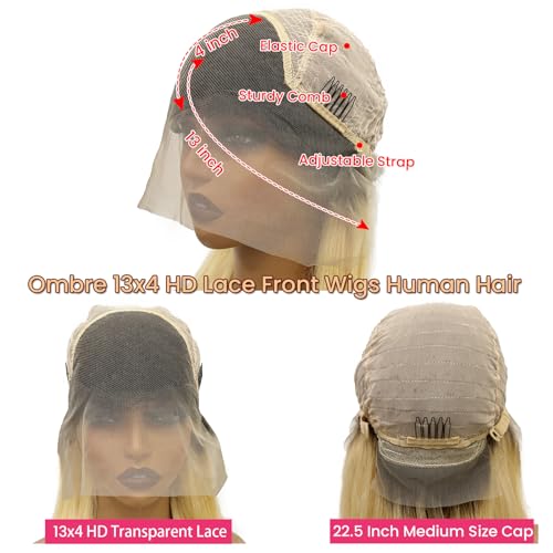Blonde Ombre Lace Front Wig Human Hair 1B613 13x4 Straight Ombre Human Hair Wigs for Black Women 150% Density Glueless Ombre Blonde Lace Front Wigs with Dark Roots 20 Inch Pre Plucked Hairline