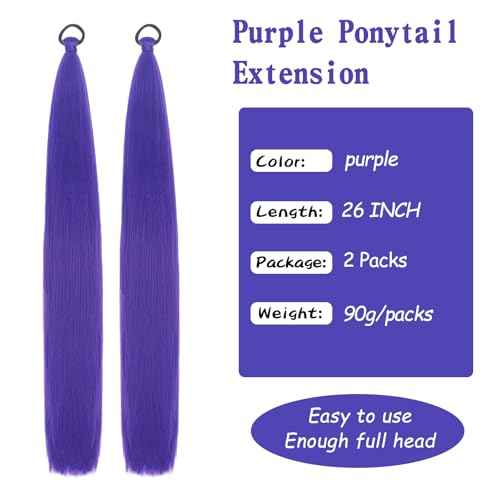 2 Packs Purple Ponytail Extension with Elastic Tie for women, 26 inch Wrap Around Braid Hair Extensions Halloween Costume Cosplay