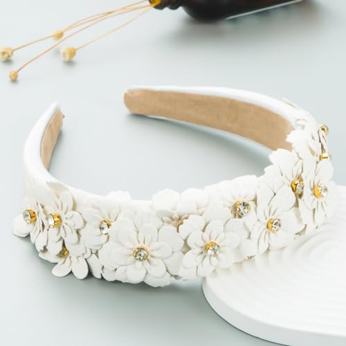 Flower Headband for Women, Glass Rhinestone Vintage Padded Headband, Bejeweled Wide Head Band, Fashion Bejewelled HairHoop Accessory, White