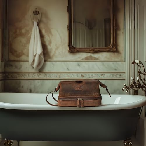 LEATHER VILLAGE Genuine Leather Dopp Kit ? Large Travel Toiletry Bag with Waterproof Lining, Dual-Zip Design for Men & Women, Organizer for Shaving, Makeup & Essentials - Brown