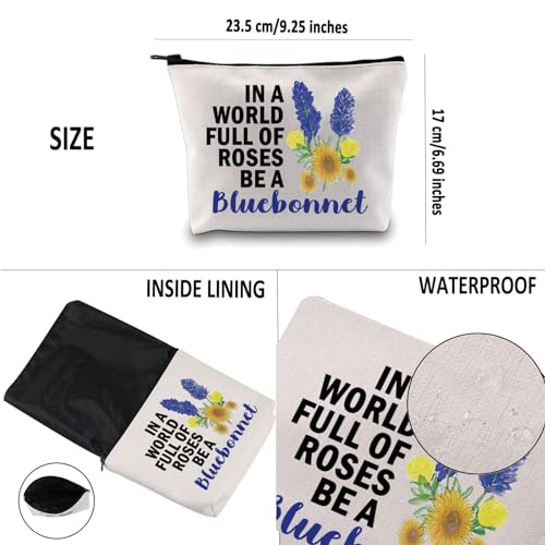 G2TUP Bluebonnet Lover Gift In A World Full Of Roses Be A Bluebonnet Makeup Bag Bluebonnet Fan Cosmetic Bag Bluebonnet Texas Pride Merch (Be A Bluebonnet MB)