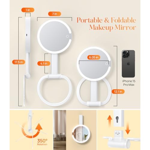 Gospire Magnifying Travel Makeup Mirror with Light 10X 1X Magnifition 2-Sided Lighted Vanity Mirror Rechargeable 3 in 1 Hand Held Desk Hanging, 3 Color Dimmable Lights, White