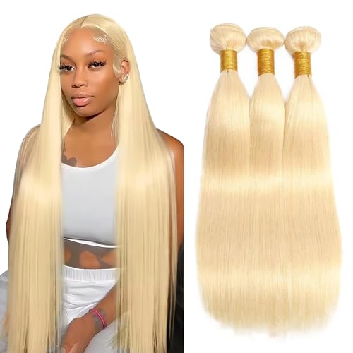 Blonde Straight Human Hair Bundles #613 Honey Blonde (30 32 34 Inch) Unprocessed Virgin Human Hair Extensions 3 Bundles 300g Total Double Weft for Black Women