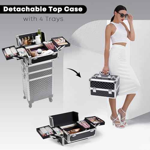 Rolling Makeup Train Case, 4-in-1 Cosmetology Case on Wheels, Nail Tech Cart for Travel, Professional Cosmetic Vanity Case, Suitcase for MUA/Manicure/Tattoo/Style, Lockable Storage Box, Black