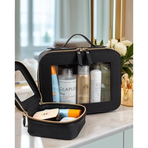 LETGO Clear Makeup Bags Set - TSA Approved Toiletry Bag with Handle Large Opening, Clear Toiletry Bags Case Pouch for Traveling Travel Car Orangizer Storage Essentials (Mini+Large Black)
