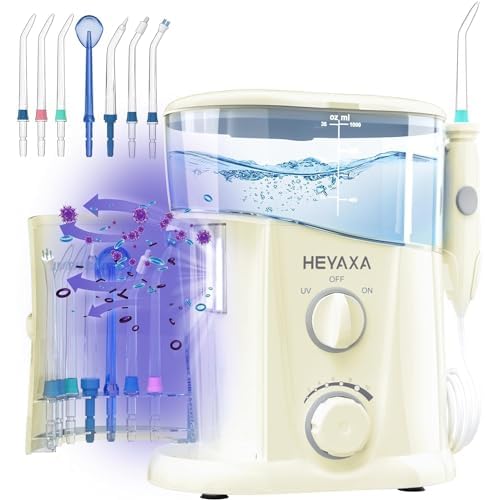 Water Dental Flosser for Teeth Cleaning with 1000ML Large Capacity and UV Storage, 10 Adjustable Pressure Electric Oral Irrigator with 7 Jet Tips for Home Use, Gums, Braces (Ivory White)