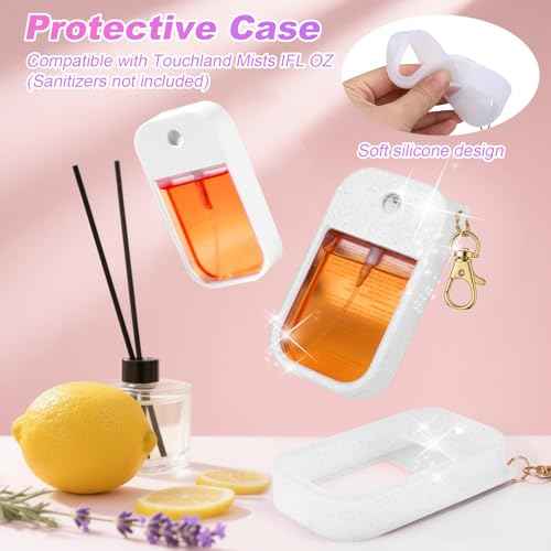AIERSA Hand Sanitizer Spray Glitter Case Compatible with Touchland, Silicone Hand Sanitizer Case Holder with Keychain for Touch Land Mist 1FL. OZ (Glitter Sequin White)