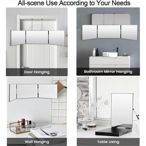 3 Way Mirror-360 Mirror for Self Hair Cutting, Adjustable & Foldable Trifold Barber Mirror with Telescoping Hooks, Barber Accessories for Men Shaving DIY Haircut Women Dyeing Makeup(Black Without LED)