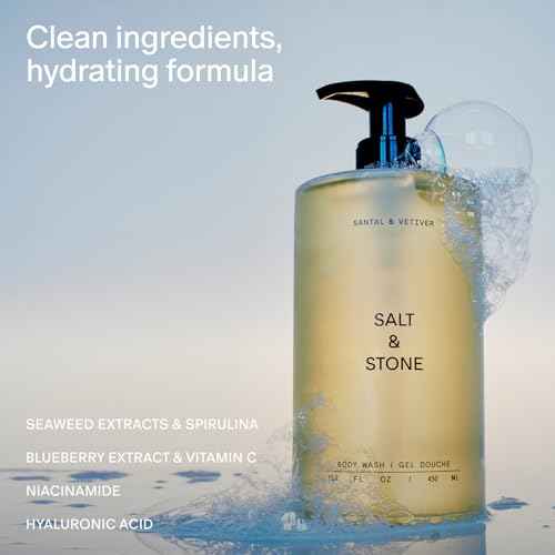 Salt & Stone Antioxidant-Rich Body Wash - Santal & Vetiver | Cleanse, Nourish & Soften Skin with Niacinamide & Hyaluronic Acid | Free From Parabens, Sulfates & Phthalates (15.2 fl oz)