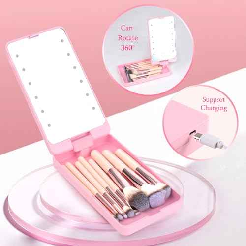 Mini 8-Piece Travel Makeup Brush Set with LED Light Mirror, Personalized Monogrammed Brush for Teen Girls, Stylish and Compact Travel Essentials(Pink-B)