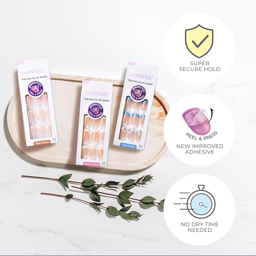 KISS imPRESS No Glue Mani Press On Nails, French, 'Model', Light Neutral + White Tip French, Short Size, Squoval Shape, Includes 30 Nails, Prep Pad, Instructions Sheet, 1 Manicure Stick, 1 Mini File