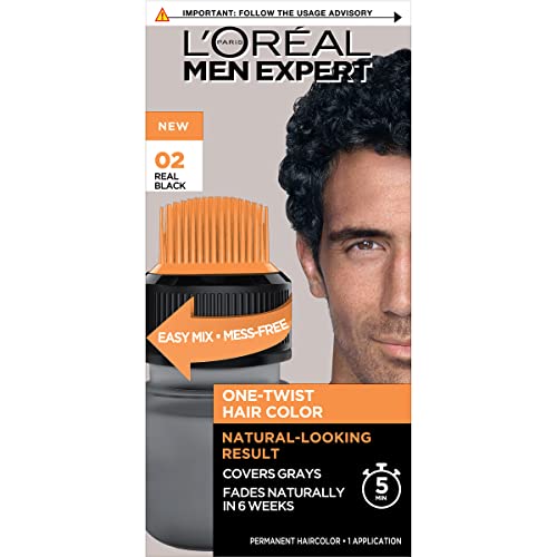 L¡¯Oreal Paris Men Expert One Twist Mess Free Permanent Hair Color, Mens Hair Dye to Cover Grays, Easy Mix Ammonia Free Application, Real Black 02, 1 Application Kit