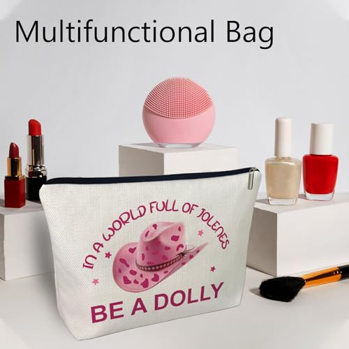 Pink Western Hat makeup bag, In a World Full of Jolenes be a Dolly Travel Costumes Cosmetic Bags, Dolly Gifts for Women Music Lovers Fans Sister Daughter Teachers Halloween Birthday Christmas