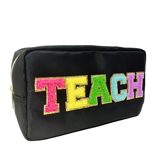 Teacher Appreciation Gifts Letter Patch Nylon Makeup Bag Pencil Bag Chenille Varsity Letter Patches Makeup Zipper Pouch Retirement Birthday Teacher Gifts for Women(Teach-black)