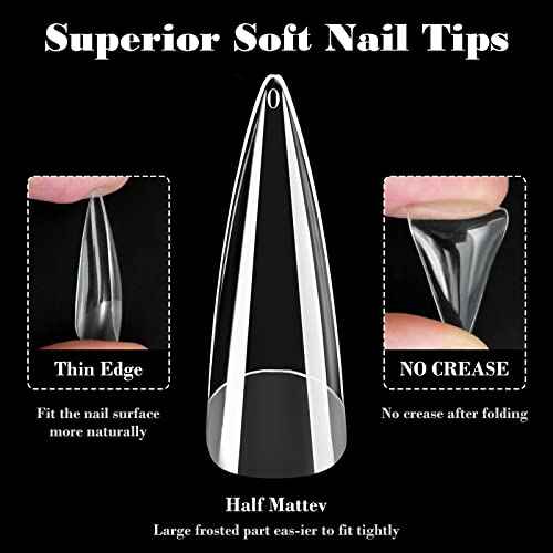 LoveOurHome 600pc Soft Gel Stiletto Nail Tips Pointy Fake Nails Clear Press on Nails Long Full Cover Acrylic Nails Stiletto False Artificial Fignernails 12 Sizes for Acrylic Gel Nail Extension