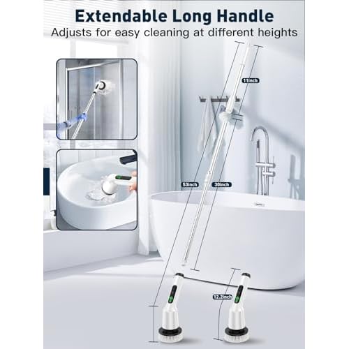 Shower Scrubber with Long Handle for Cleaning Bathroom, Electric Spin Scrubber Cleaning Brush with IPX7 Waterproof & 2Speed, 3Brush Heads, Bathroom Cleaning Supplies for Shower Tub Kitchen Tile Toilet