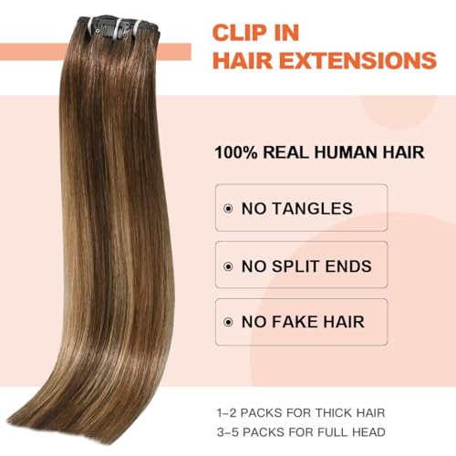 Balayage Hair Extensions Real Human Hair, Ombre Medium Brown Fading to Caramel Blonde 14 inches 120g Highlights 100% Human Hair Natural Straight Woman Beauty Clip ins #4/27/4