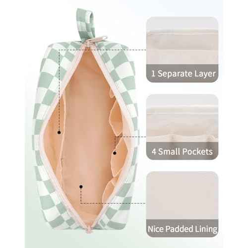 Narwey Checkered Makeup Bag Travel Cosmetic Bag Organizer Small Toiletry Bag Make Up Bags with Comparments for Women and Girls, Gift for Teen Girls (Mint Green Checkerboard, Large)
