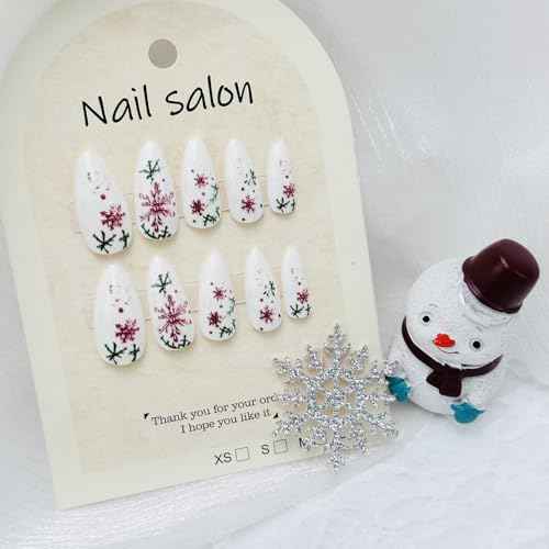 24Pcs Christmas Press on Nails Medium Almond Fake Nails with Christmas Holly Designs Winter Snowflake Acrylic Nails Xmas false nail kits Full Cover Snow Stick on Nails for Women New Year Party Decor