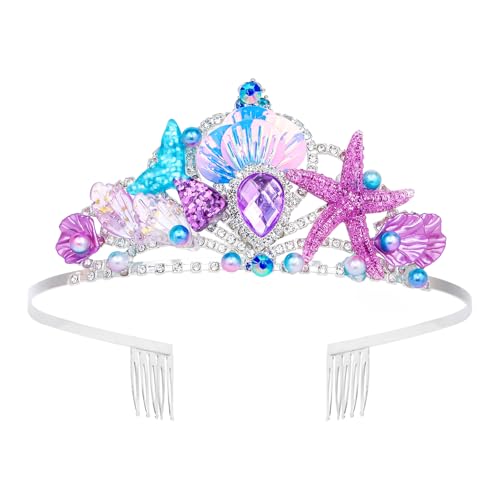 Mermaid Crown Pearl Mermaid Headband Purple Mermaid Birthday Decorations with Flower Rhinestone Mermaid Party Favors Mermaid Hair Accessories Halloween Costume Women Seashell Starfish Fish Tail