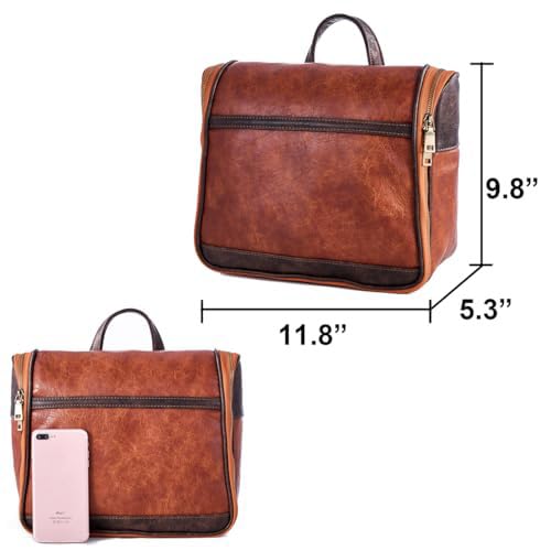 EURYNOME Hanging Toiletry Bag for Women and Men, Large PU Leather Toiletries Organizer, Water-resistant Bathroom Shaving Kit for Cosmetics, Makeup Case