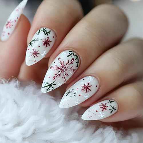 24Pcs Christmas Press on Nails Medium Almond Fake Nails with Christmas Holly Designs Winter Snowflake Acrylic Nails Xmas false nail kits Full Cover Snow Stick on Nails for Women New Year Party Decor