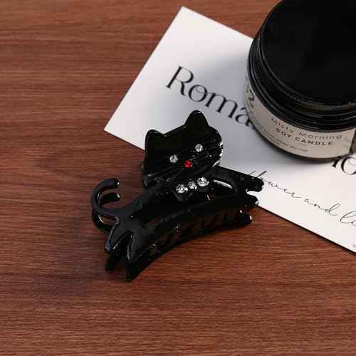 1pcs Cute Cat Hair Claw Clips With Rhinestone Design - Black Barrettes for Thick and Thin Hair - Medium Acrylic Accessories for Women - Autumn Winter Decoration