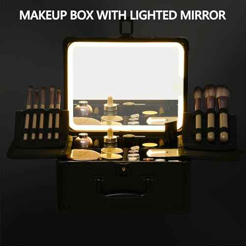 Makeup Case with Lighted Mirror, Makeup Box Organizer with Detachable LED Mirror, Travel Makeup Train Case, Waterproof Cosmetic Organizer, Standing Makeup Brush Holder, Gift, Black Green