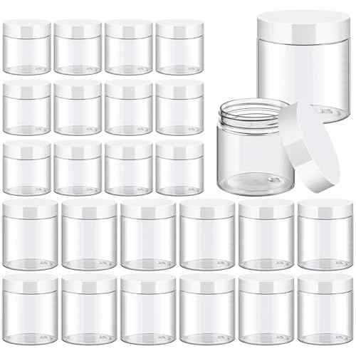 TUZAZO 24 Pack Plastic Jars with White Lids and Labels, 12pcs 8 OZ and 12pcs 4 OZ Round Clear Cosmetic Containers for Body Butter, Body Scrub, Cream, Lotion, Slime Jar, Small Items, Travel Storage