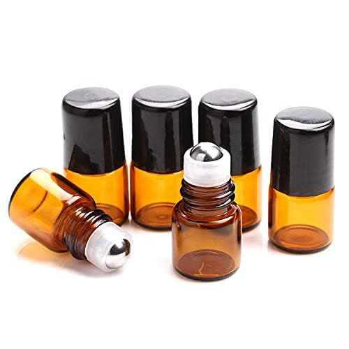 Furnido 25 Pack 1ml Amber Glass Roll on Bottle For Essential Oils,Perfume Vial with Stainless Steel Roller Ball,Black Caps Mini Sample Vials Cosmetics Small Container