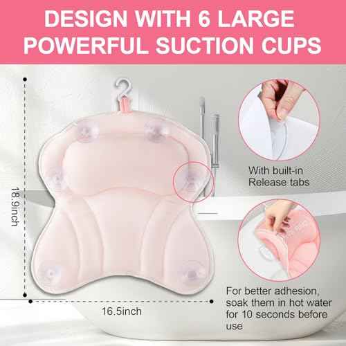 Bath Pillows for Tub, Bath Pillow Luxury Bathtub Pillow, Comfy Bath Tub Pillow for Bathtub for Head and Neck with Non-Slip Suction Cups for Tub, Relaxing Bath Accessories Spa Gifts-Pink
