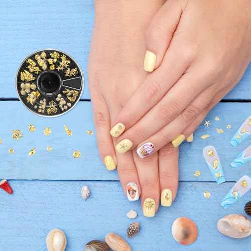 Ocean Theme Nail Art Charms, Sea Beach Starfish Seashell Nail Charm Decals, 3D Alloy Nail Gems Decoration Stickers for Manicure DIY Embellishments 12 Style- Gold