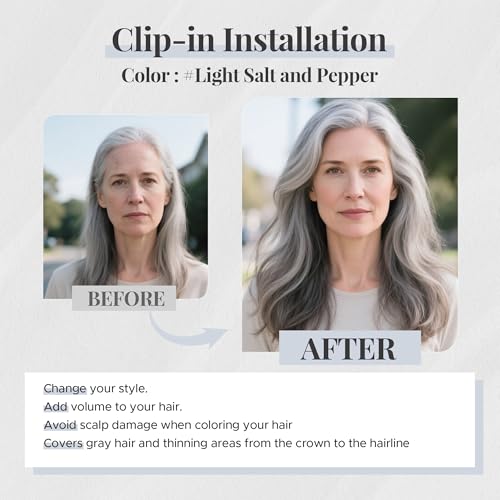 Human Hair Topper for Women, with Silk Base 3.94x4.72, 6 Inches, 4 Clips, for Thinning Hair, without Front Bangs, Salt and Pepper Color, Natural Look