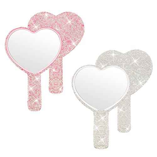Tatuo 2 Pcs Rhinestone Mirror Handheld Bling Heart Lip Shaped Hand Mirror Glitter Cosmetic with Handle Portable Cute Travel Makeup Lash for Women (Pink and White)