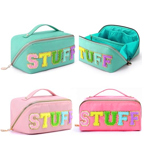 3Pcs Stoney Clover Preppy Makeup Bag, Stuff Bag Travel Makeup Cosmetic Bag, Chenille Letter Patch Open Flat Nylon Pouch, Mixed