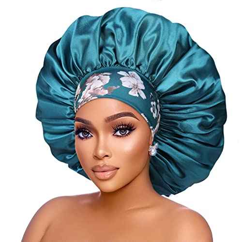 Silk Satin Bonnet Hair Cap: 2pcs 17inch Diameter Extra Large Jumbo Sleeping Satin Bonnets with Comfortable Flower Band - High Density Bonnets for Women Braids Curly Night Cap (Purple & Teal)