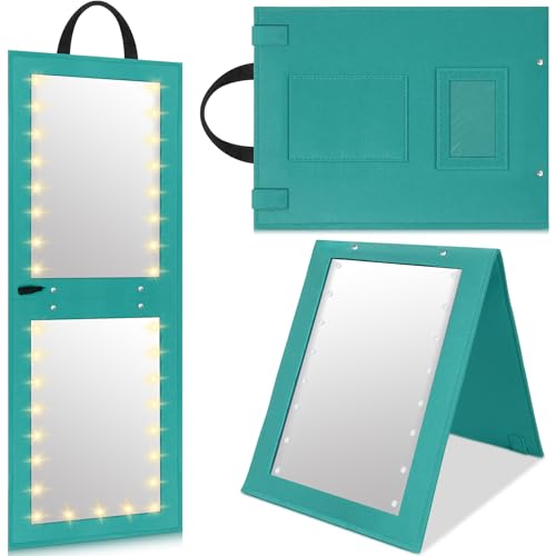 1 Pack Foldable Full Length Travel Mirror with Full Light 25.2x11.8 Inch Foldable Hanging Backstage Mirror LED Double Side Lights for Travel Camping Dance Competition Home Fitness Gift(Green)