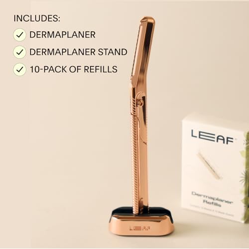 Leaf Shave | Leaf Dermaplaner Kit, All-Metal Reusable Dermaplane Razor and Exfoliating Tool for Women, Includes Matching Stand and 10-Pack of Refills - Rose Gold