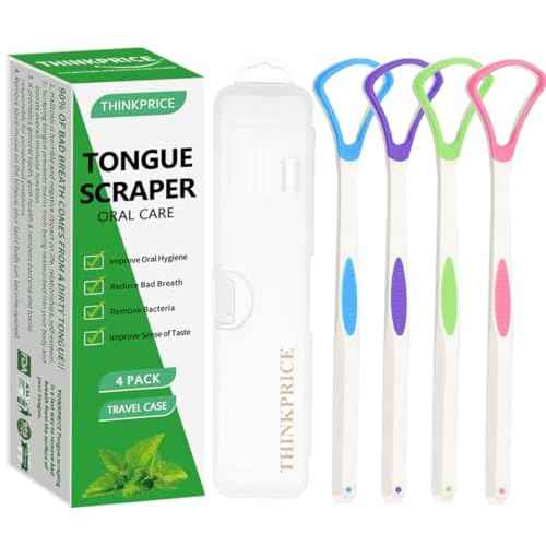 Tongue Scraper Cleaner 100% BPA Free Tongue Scrapers with Travel Handy Case for Adults, Kids, Healthy Oral Care, Easy to Use, Help Fight Bad Breath (4 PACK)