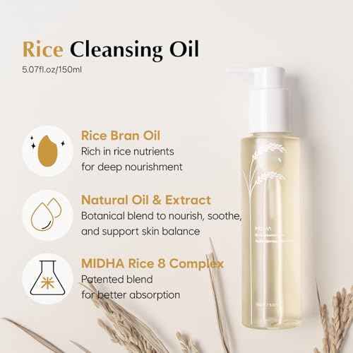 MIDHA RICE CLEANSING OIL 5.07fl.oz/150ml, Gentle Makeup Remover, Hydrating, Lightweight, Plant-Based, Moisturising, First-Step Cleanser, Balanced Skin with Residue-Free, Sebum Care Formula