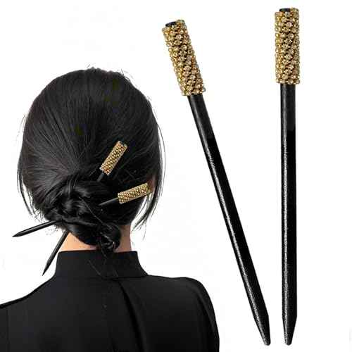 Wooden Hair Stick with Rhinestones, Asian-Inspired Design Handmade Glamorous Hair Pin for Women, Anti-Slip Bridal Hair Bun Holder for Thick Long Hair, Vintage Cosplay Accessories Gift (2pcs)