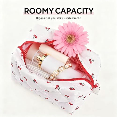 Floral Makeup Bag,Floral Quilted Makeup Pouch,Large Cosmetic Bag,Fashionable Travel Makeup Pouch, Cute Cherry Make up Bag,Puffy Coquette Makeup Bag, Attractive Quilted Make up Bag