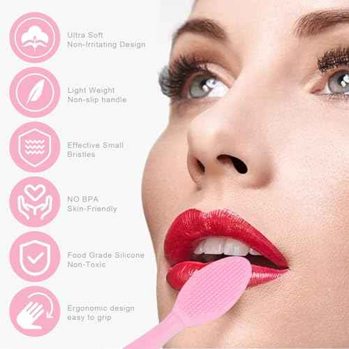 Lip Scrub Brush,Double-Sided Silicone Exfoliating Lip Brush Tool for Smoother and Fuller Lip Appearance,Pink,2pcs